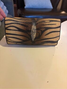 Vintage Stingray leather wallet featuring a hand-painted tiger stripe pattern